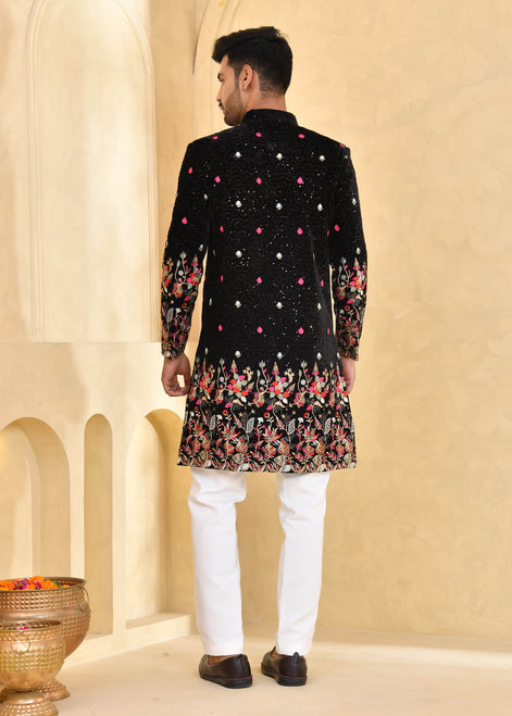 Black Embroidered Velvet Indo-Western Suit