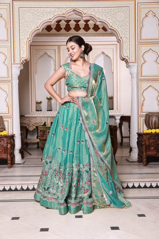 Teal Green Floral Embroidered Silk Lehenga