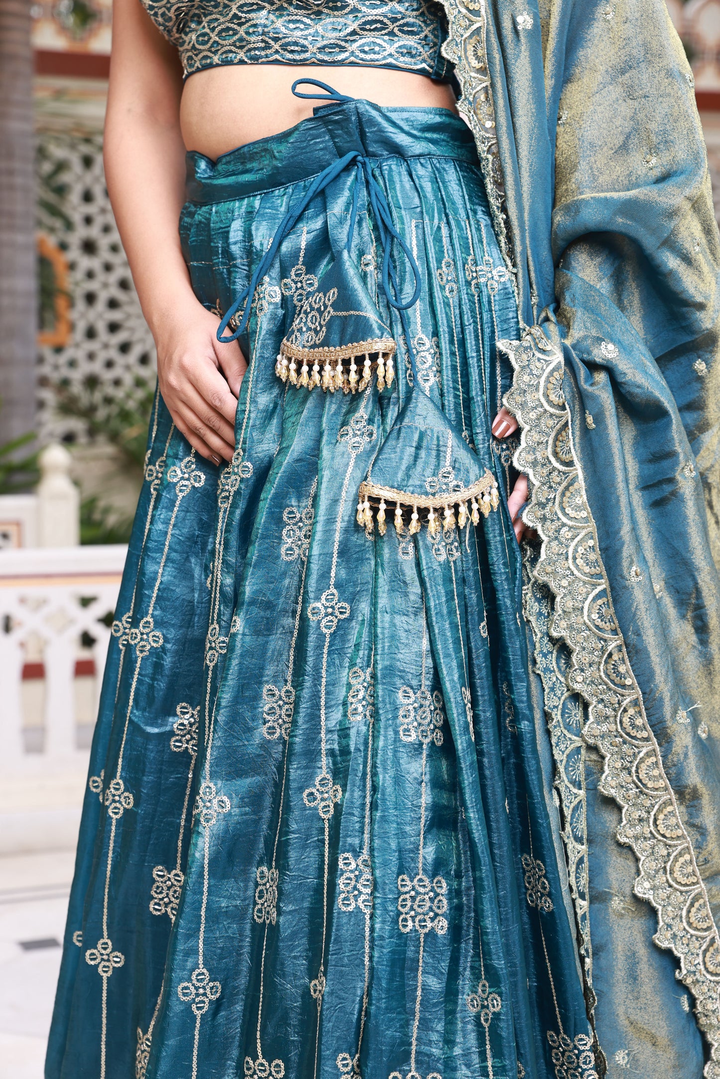 Teal Embroidered Raw Silk Lehenga