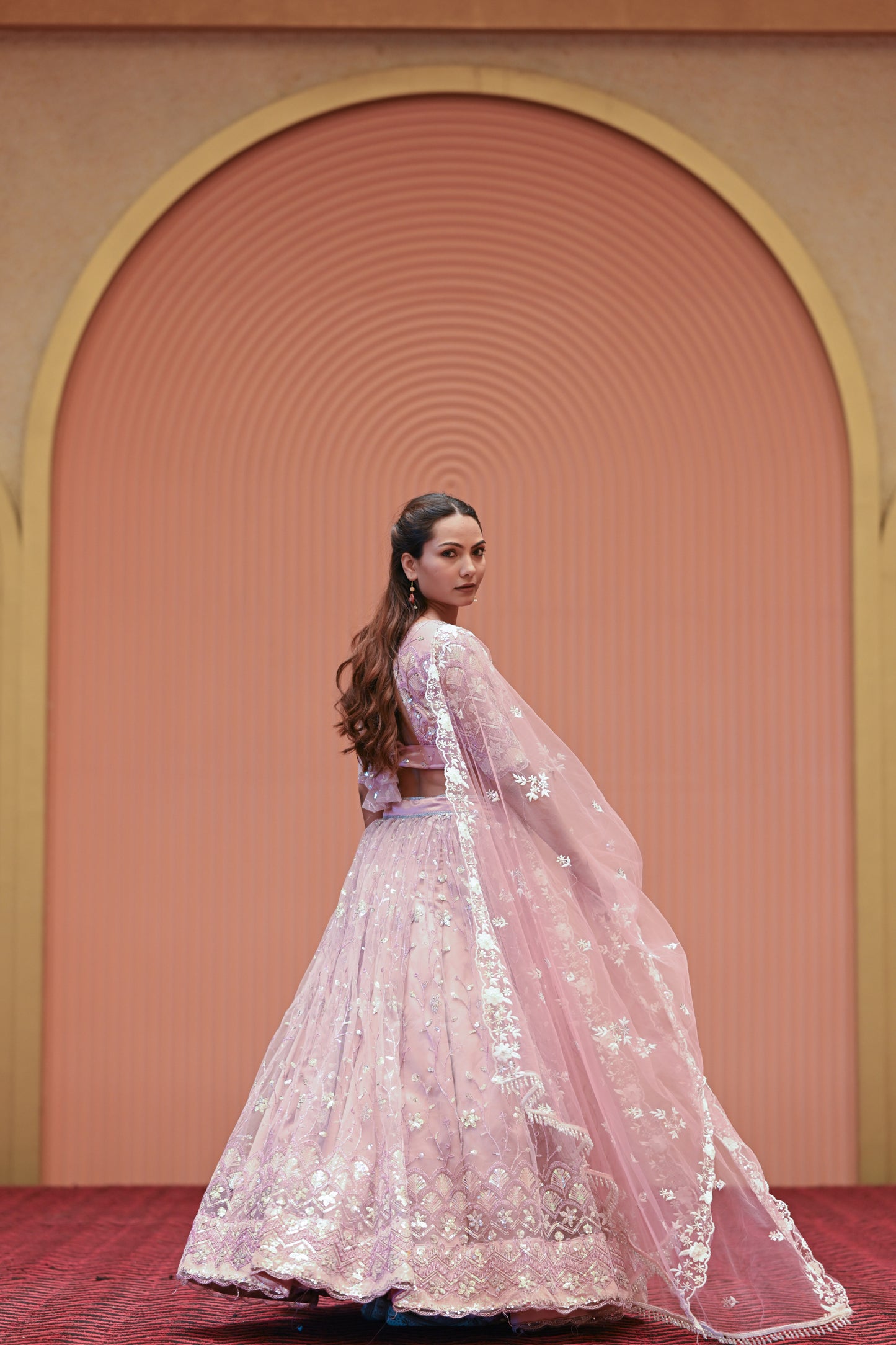 Light Pastel Pink Embroidered Net Lehenga
