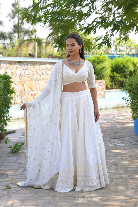 White and Beige Thread Patterned Embroidered Georgette Lehenga