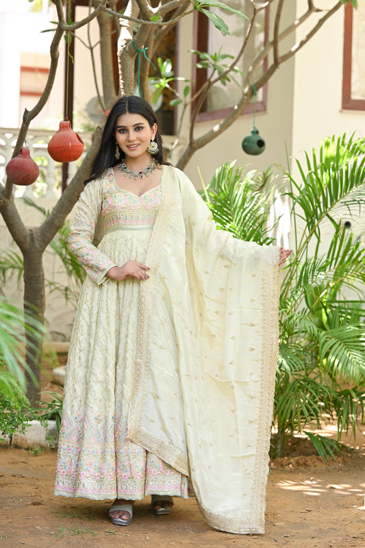 Beige Multicolor Floral Embroidered Silk Anarkali