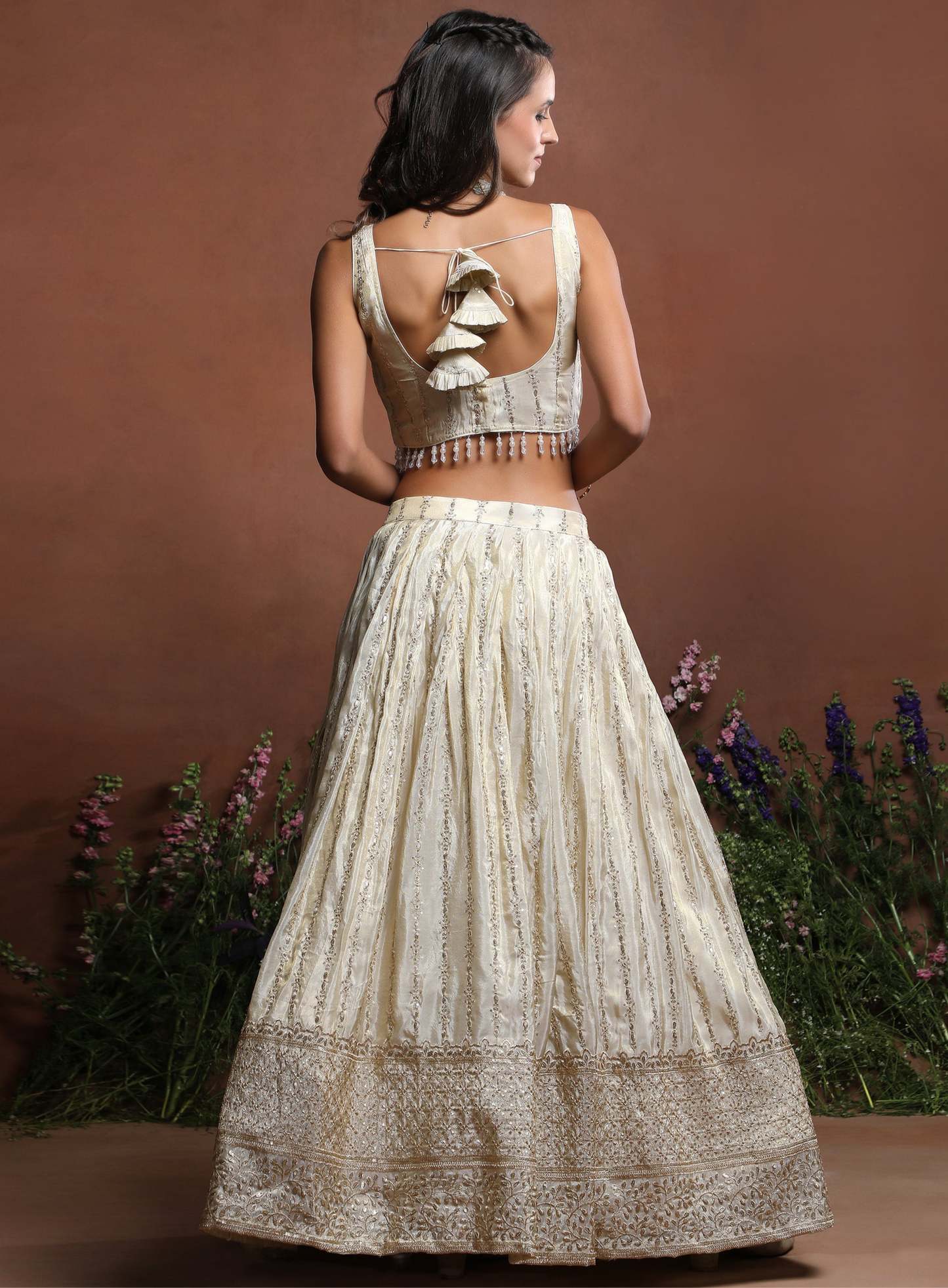Sleeveless Off-White Embroidered Silk Lehenga
