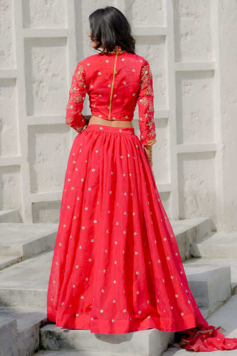 Scarlet Red Hand Embroidered Georgette Lehenga