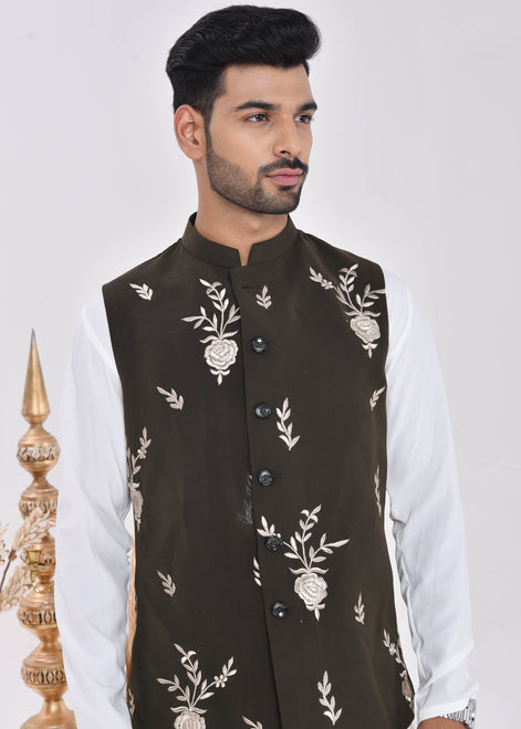 Dark Green Embroidered Raw Silk Nehru Jacket Set