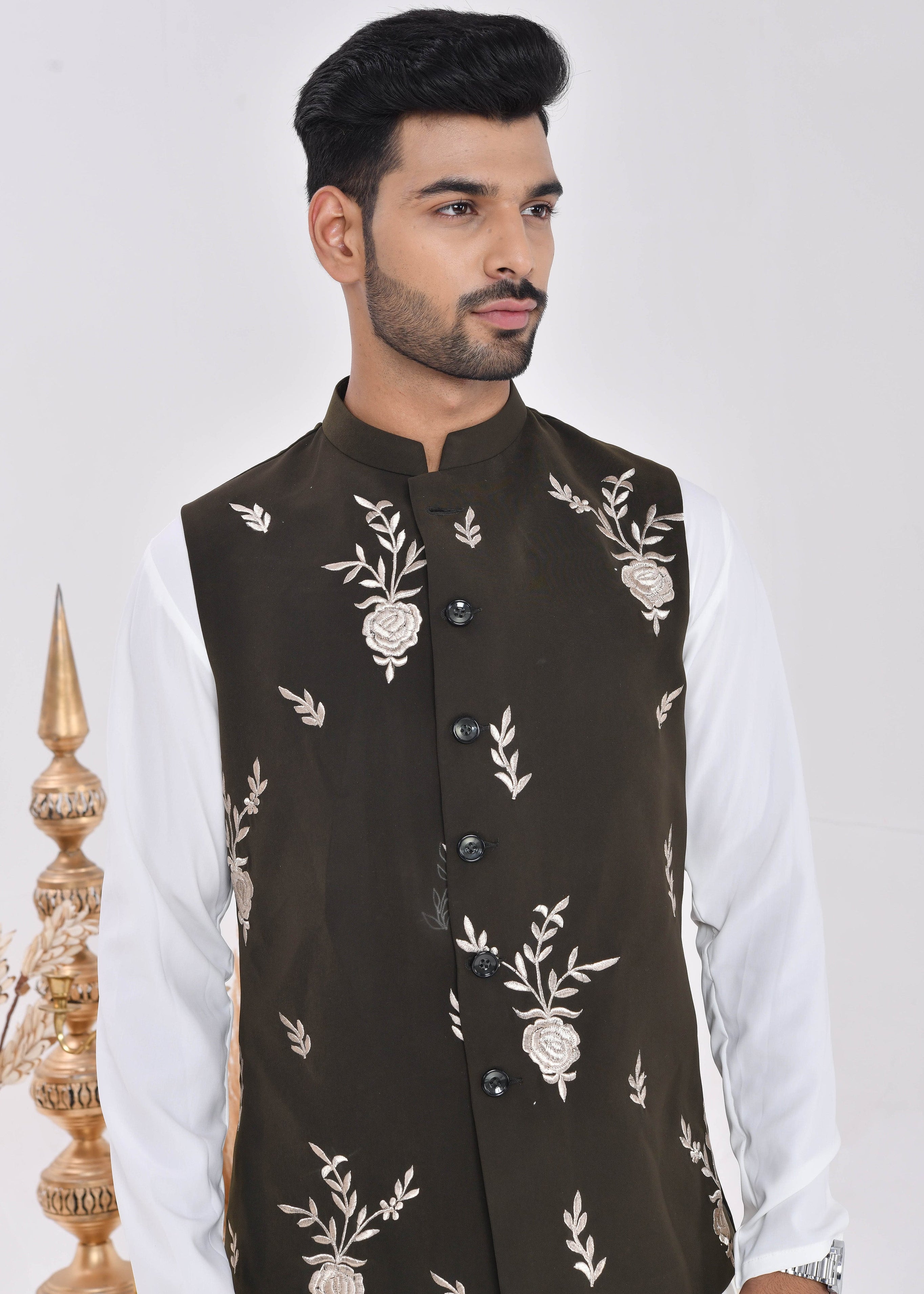 Dark Green Embroidered Raw Silk Nehru Jacket Set