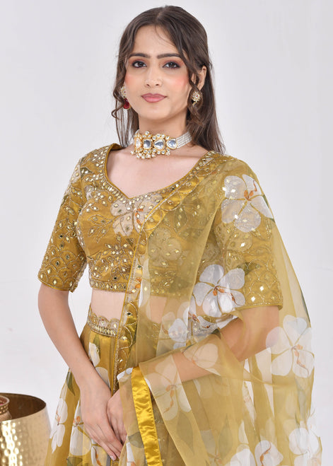 Mustard Gold Floral Hand-Embroidered Organza Lehenga