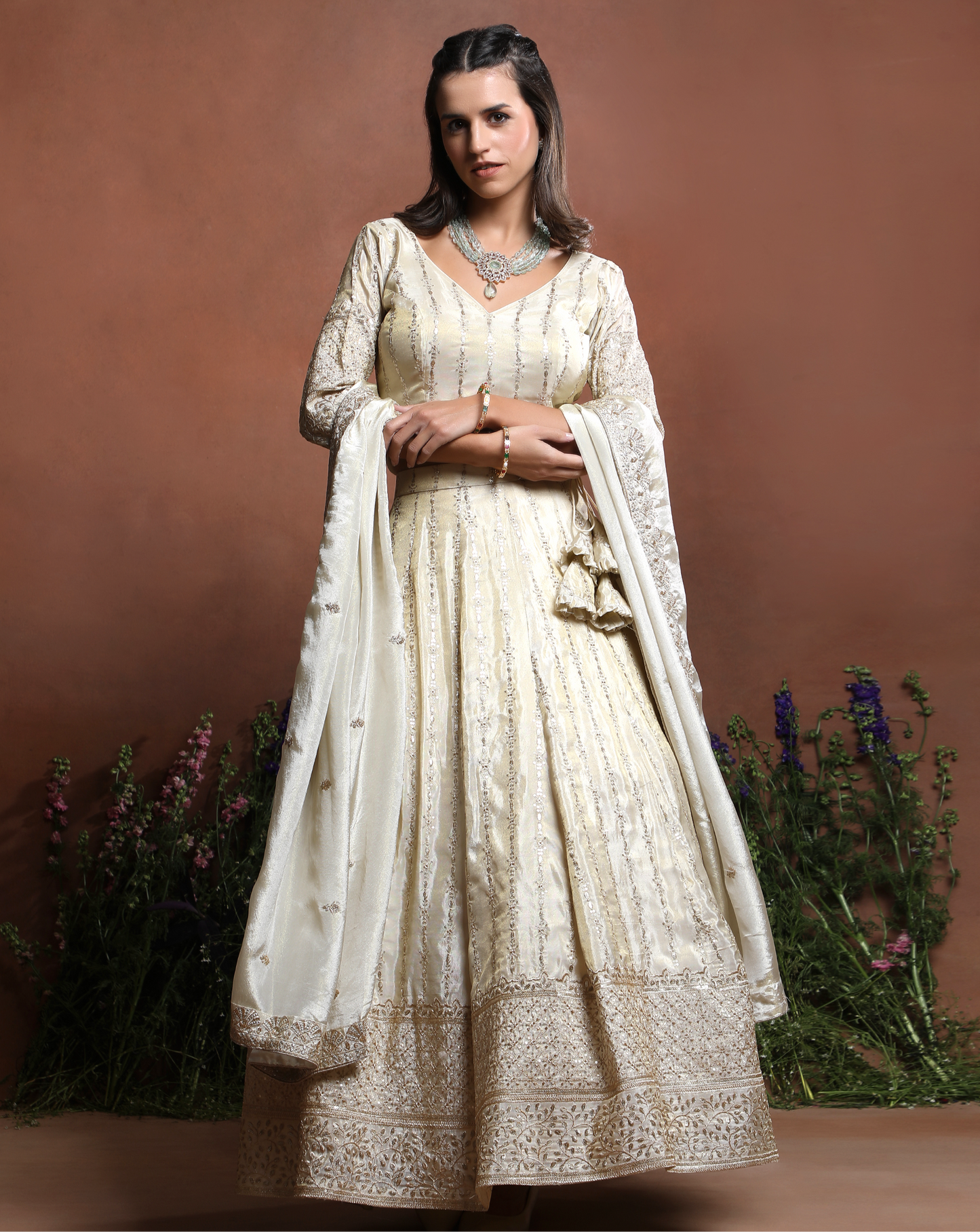 Off-White Embroidered Silk Lehenga