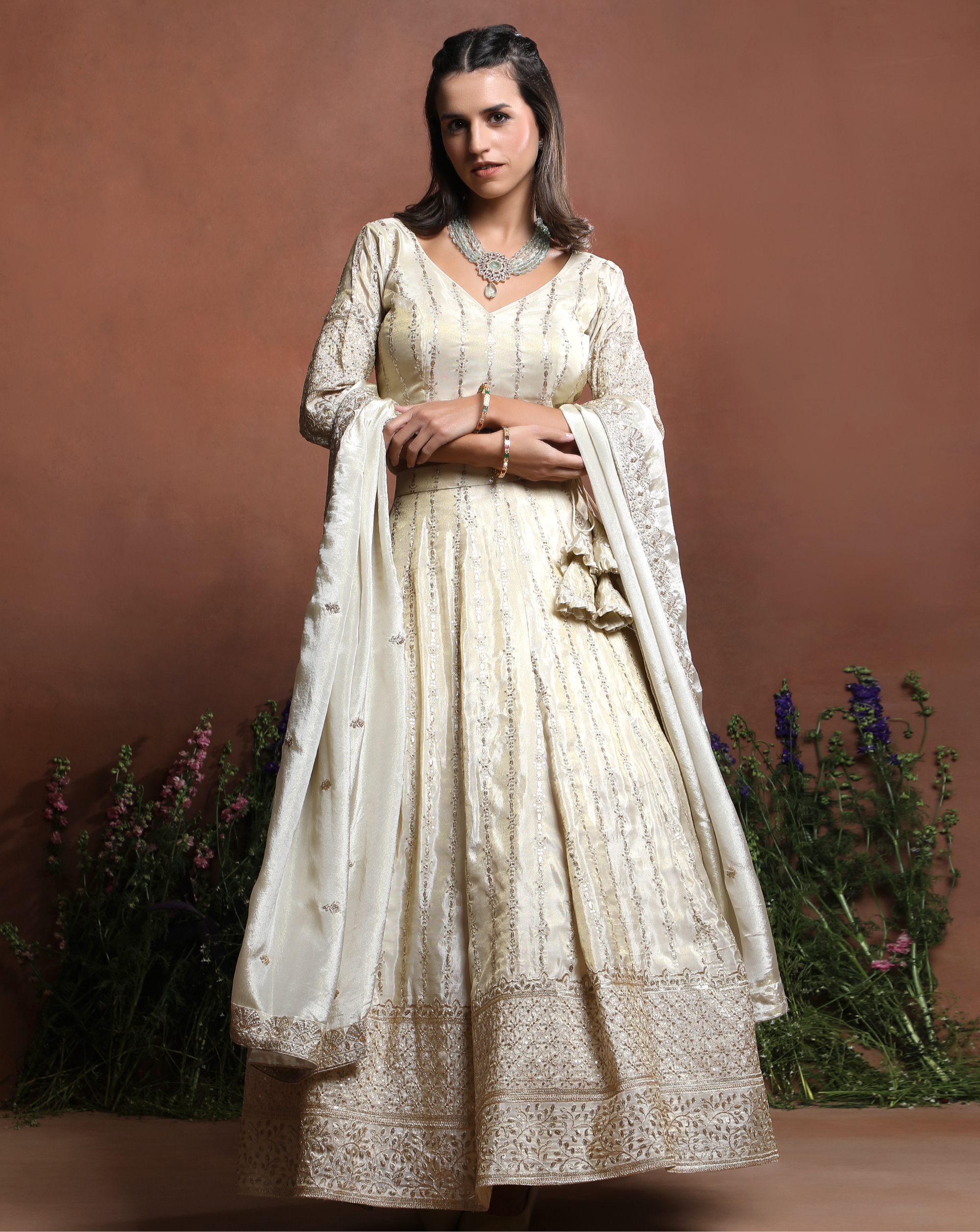Off-White Embroidered Silk Lehenga