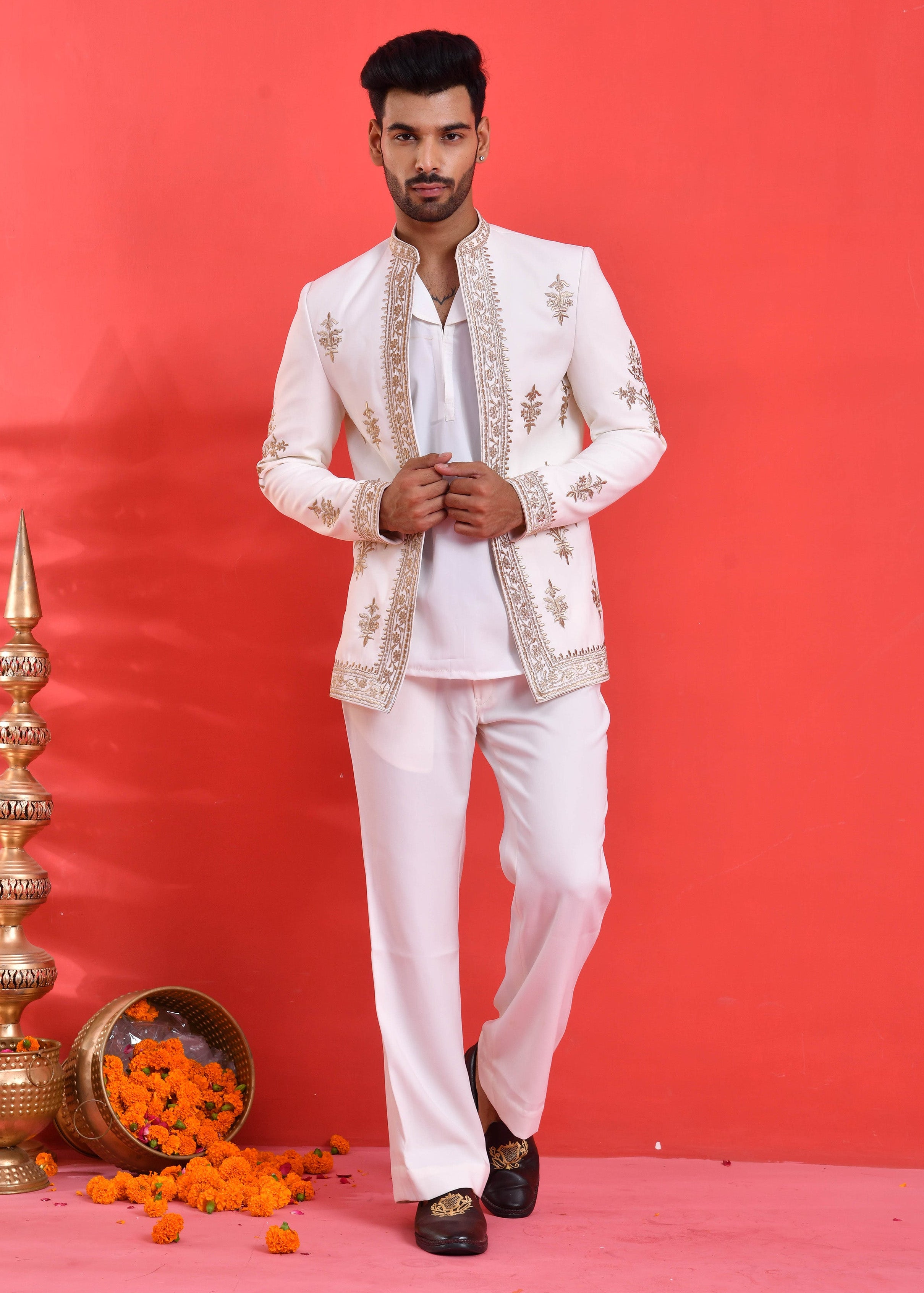 White Embroidered Japanese Silk Indo-Western Suit