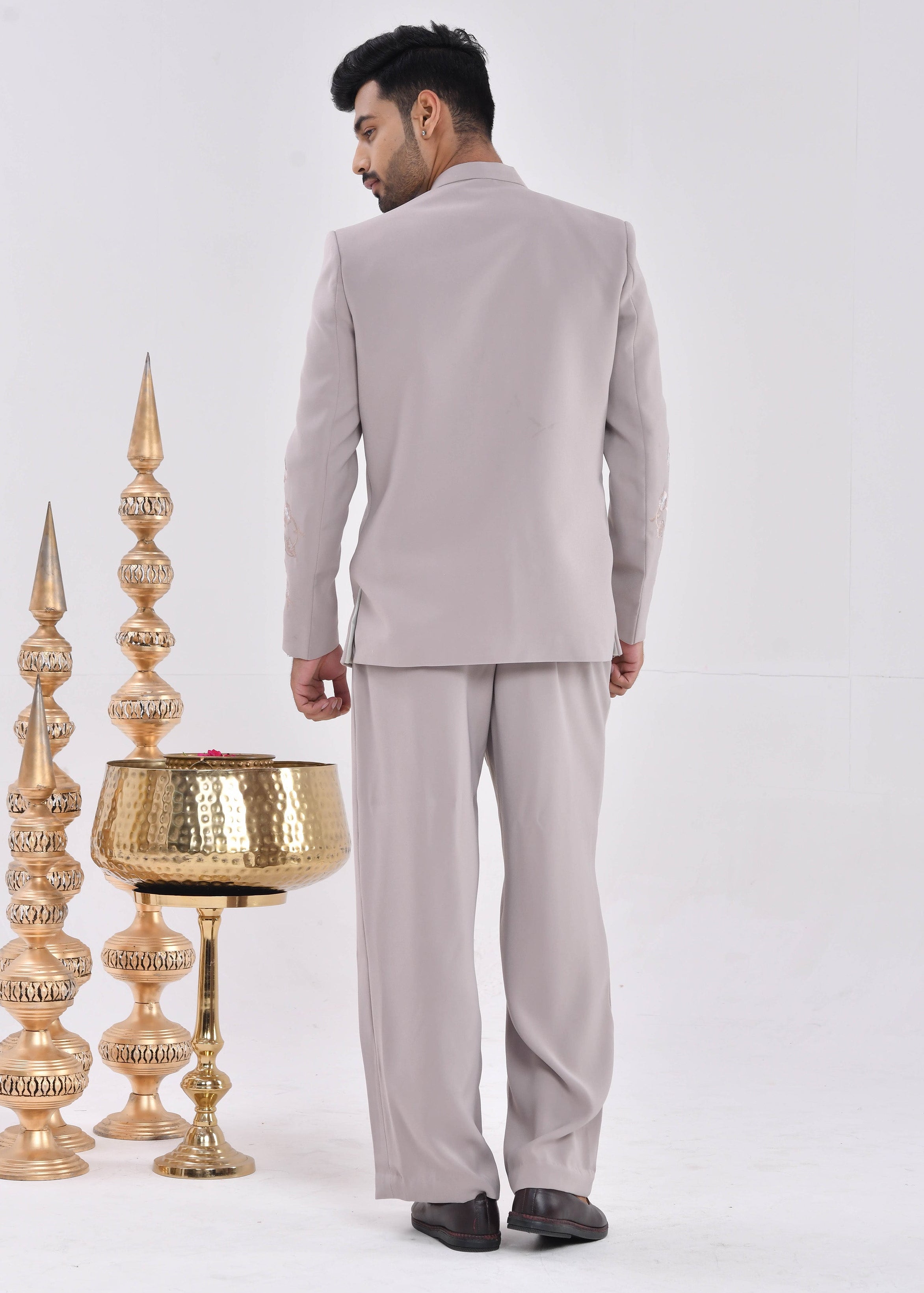 Taupe Embroidered Crepe Bandhgala Indo-Western Suit