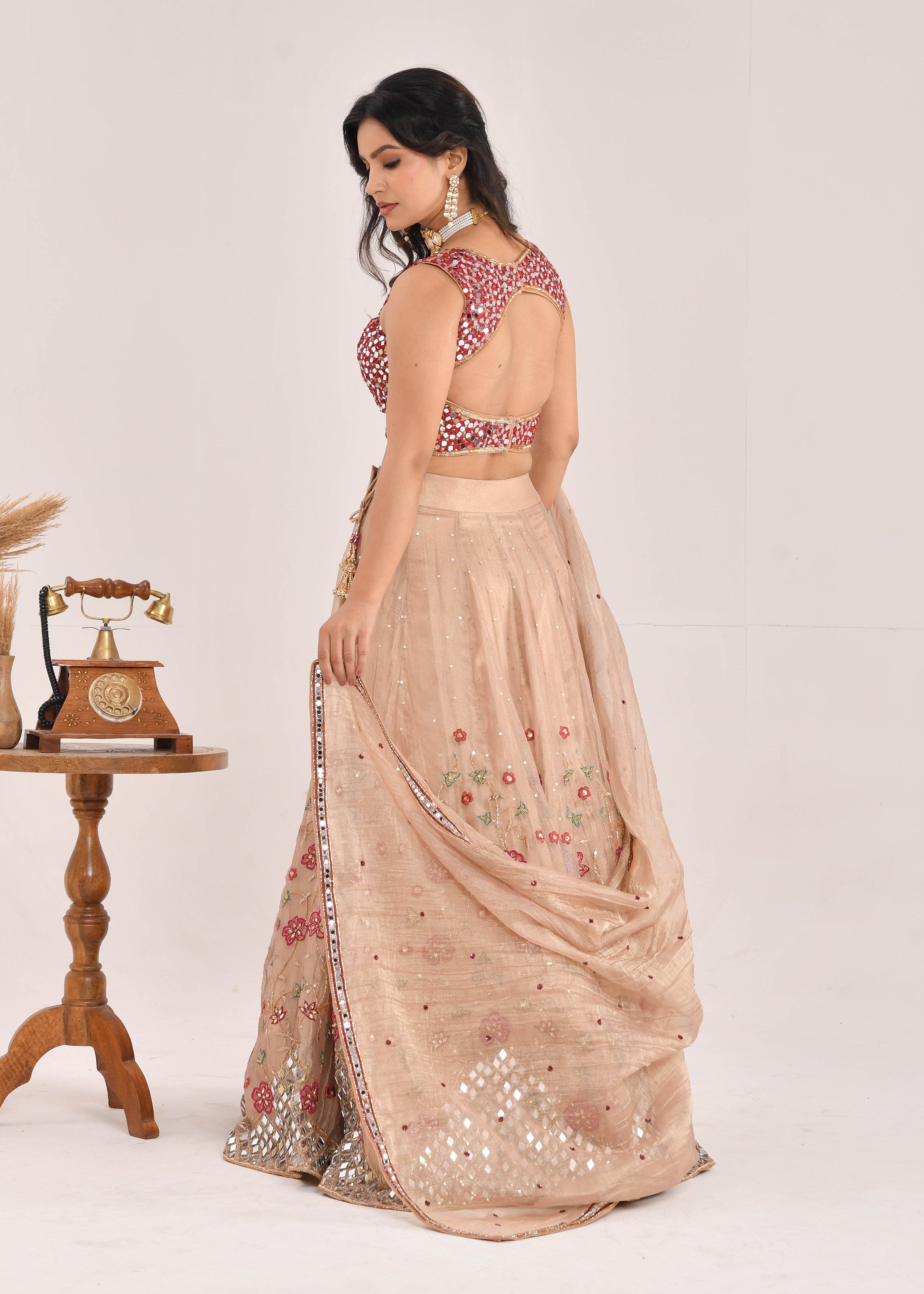 Gold and Red Embroidered Raw Tissue Lehenga