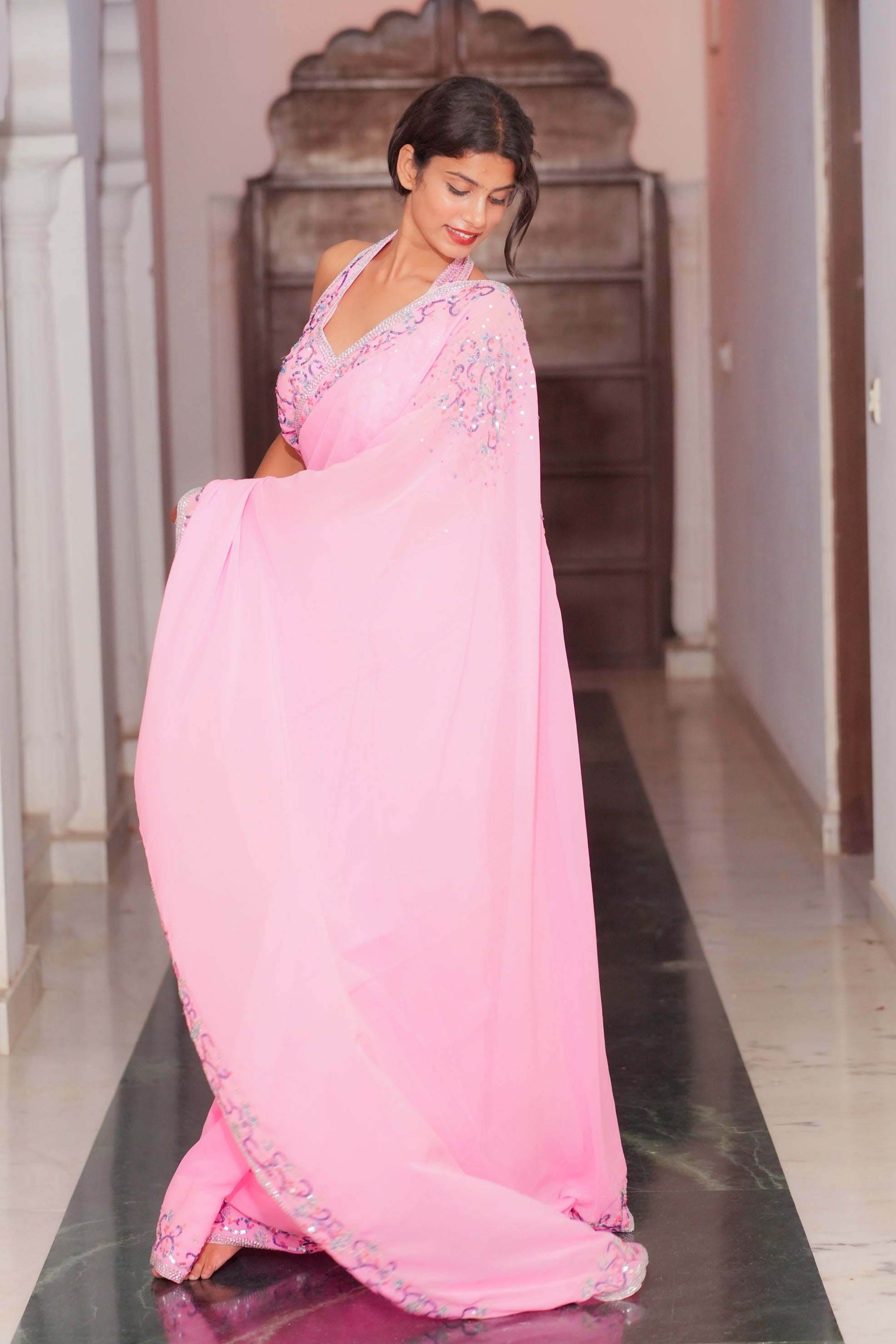 Pink Embroidered Georgette Saree