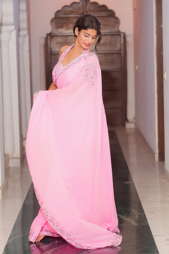 Pink Embroidered Georgette Saree