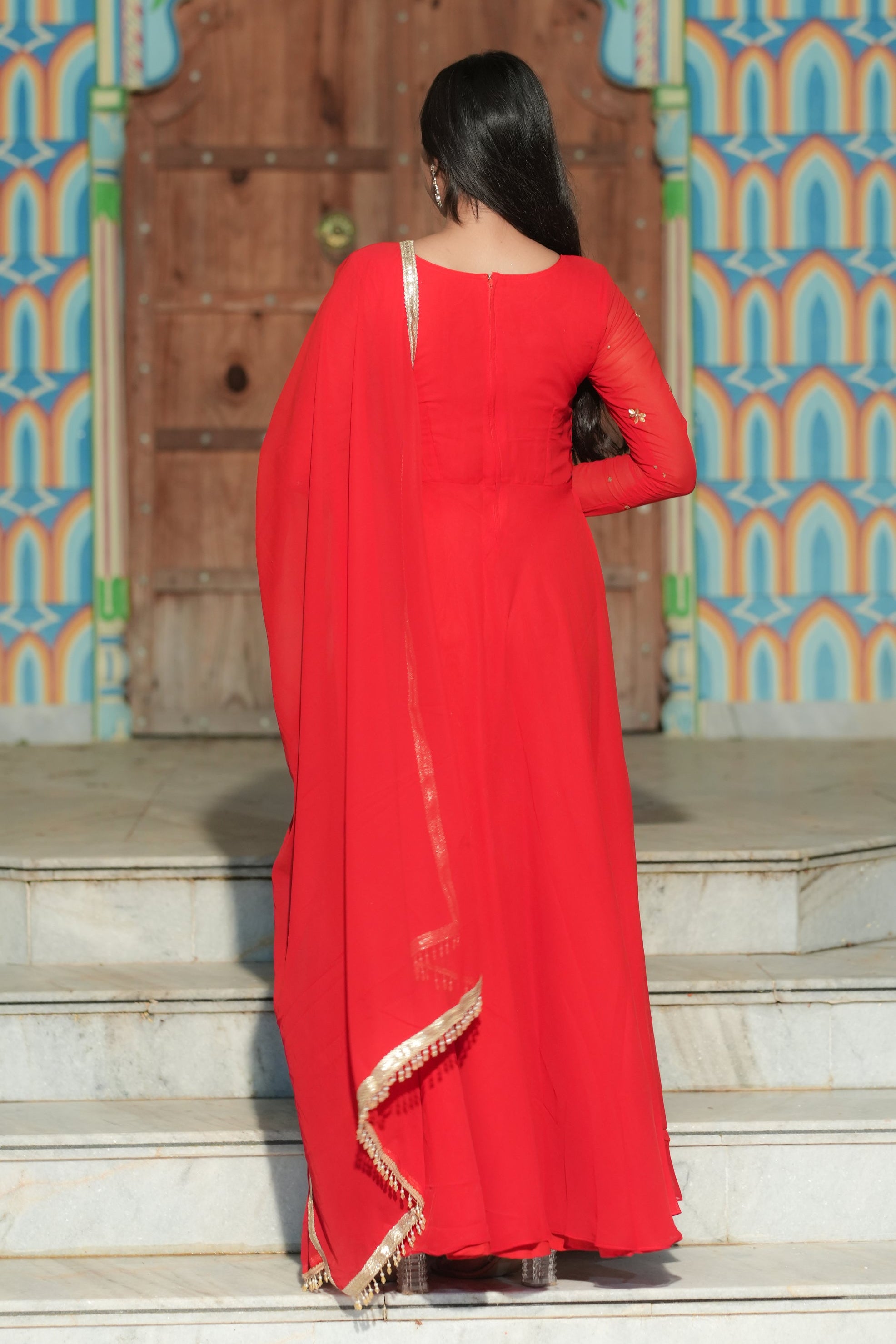 Red Handwork georgette Anarkali