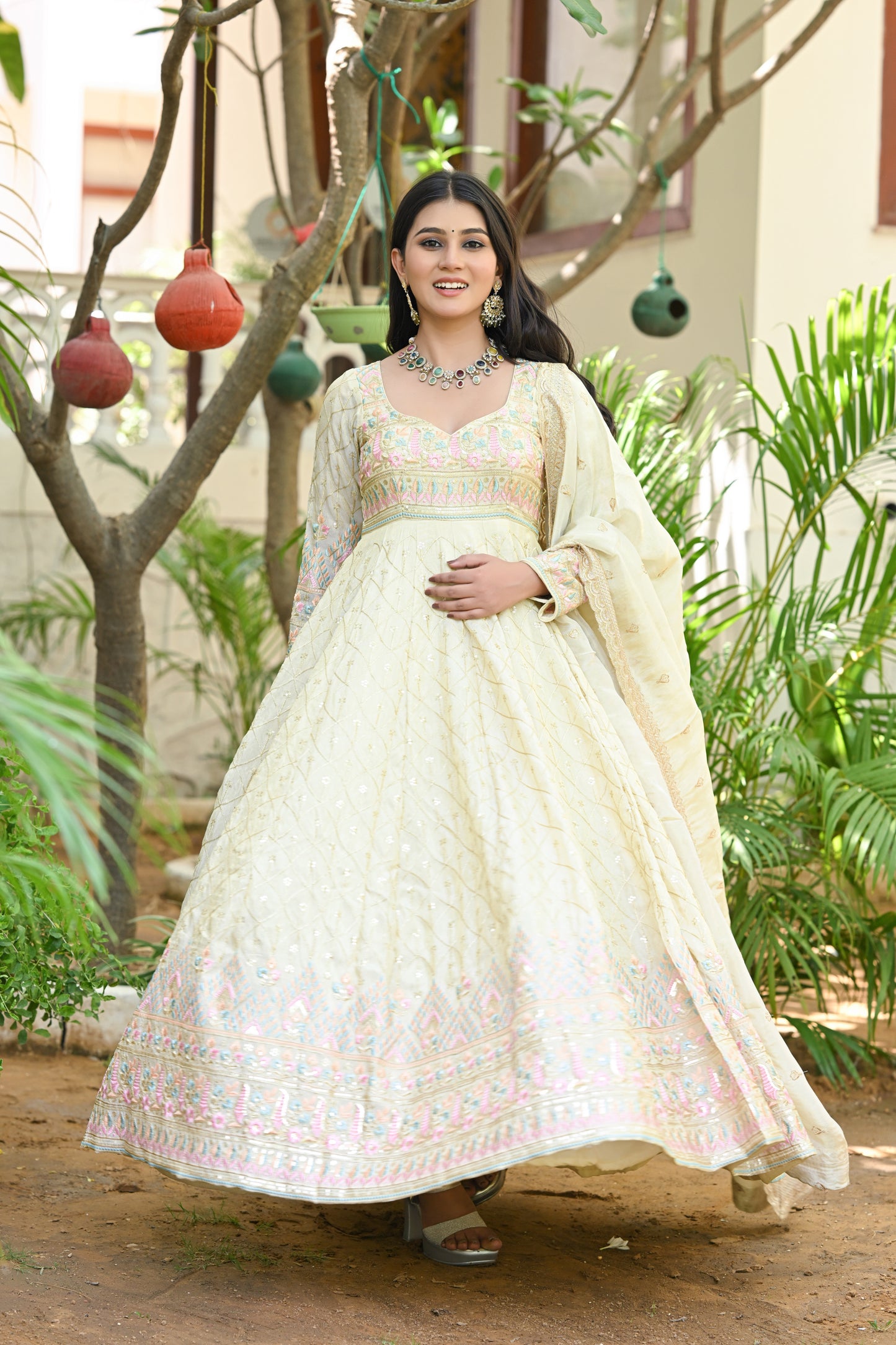 Beige Multicolor Floral Embroidered Silk Anarkali
