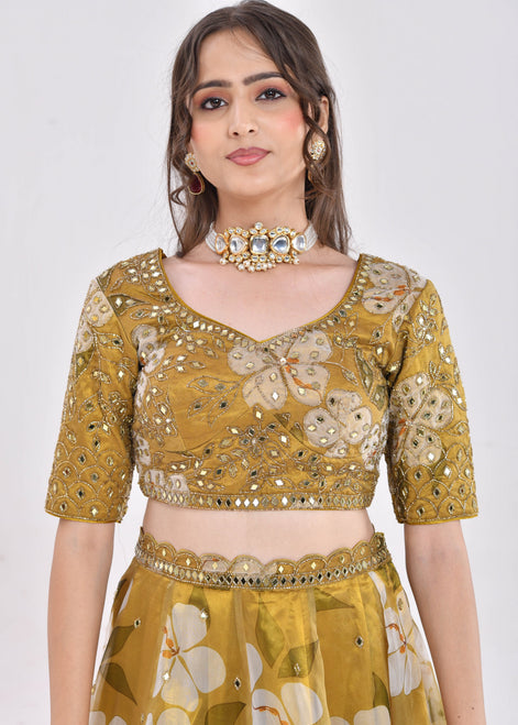 Mustard Gold Floral Hand-Embroidered Organza Lehenga