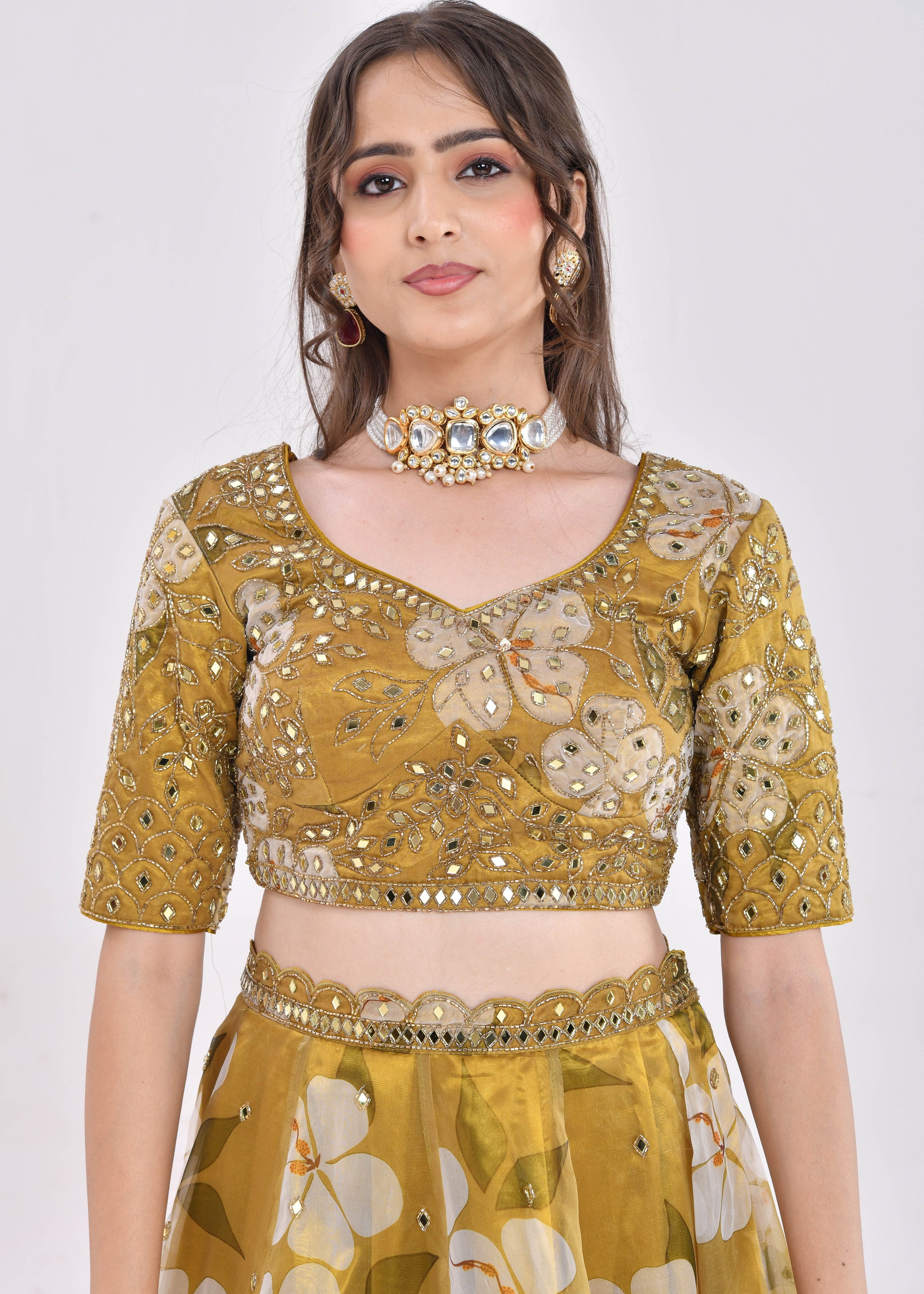 Mustard Gold Floral Hand-Embroidered Organza Lehenga