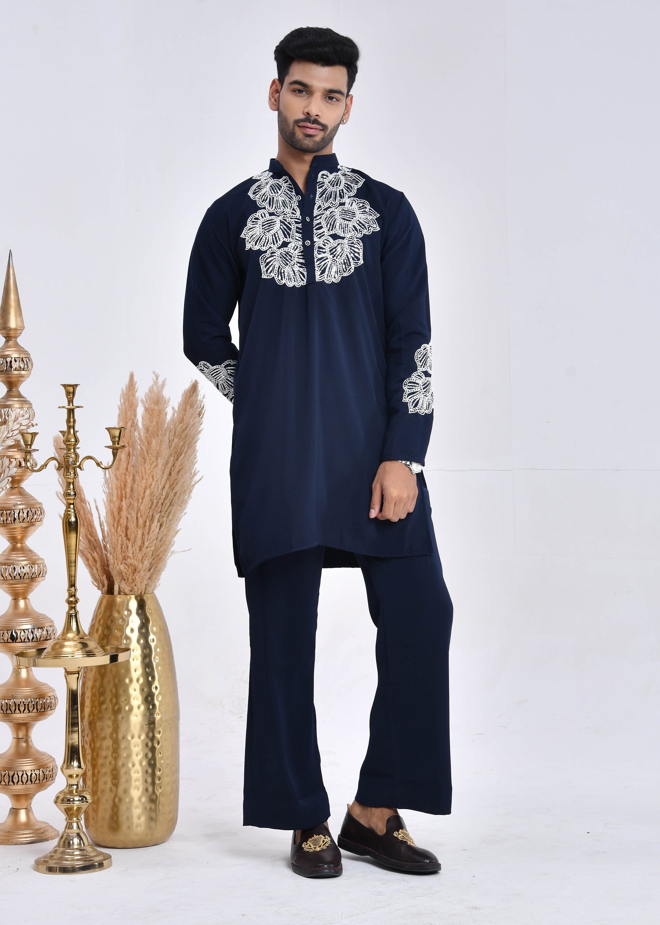 Navy Blue Hand-Embroidered Japanese Satin Kurta Set