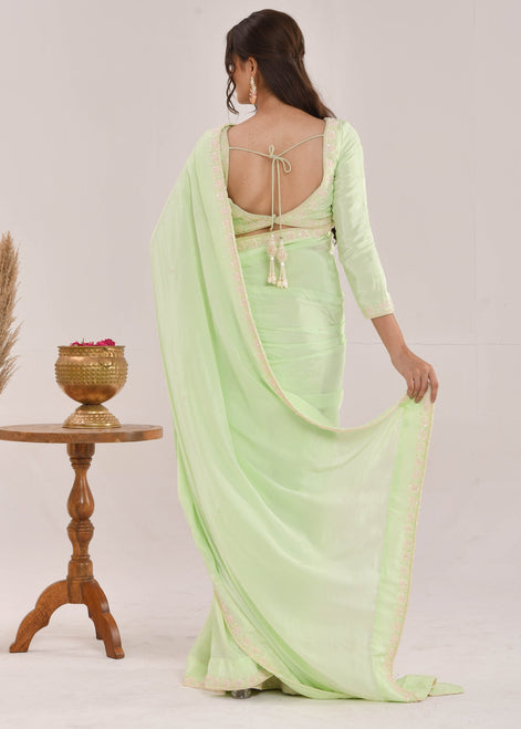 Mint Green Hand-Embroidered Georgette Saree