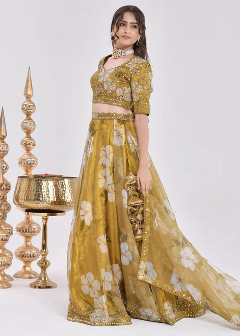 Mustard Gold Floral Hand-Embroidered Organza Lehenga