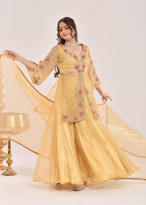 Mustard Yellow Hand-Embroidered Organza Sharara Suit
