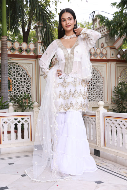 White Sparkle Embroidered Georgette Garara