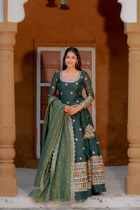 Green Embroidered Georgette Lehenga