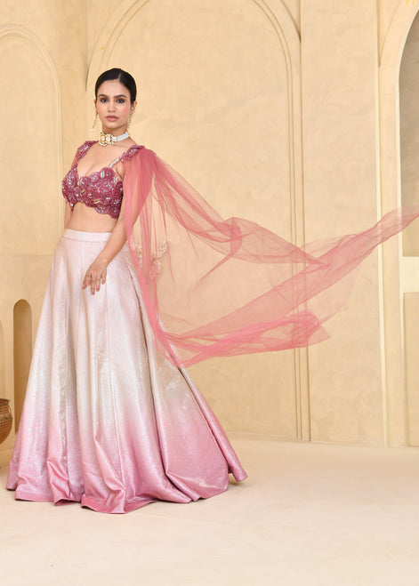 Tricolor Hand-Embroidered Shimmer Lycra Lehenga