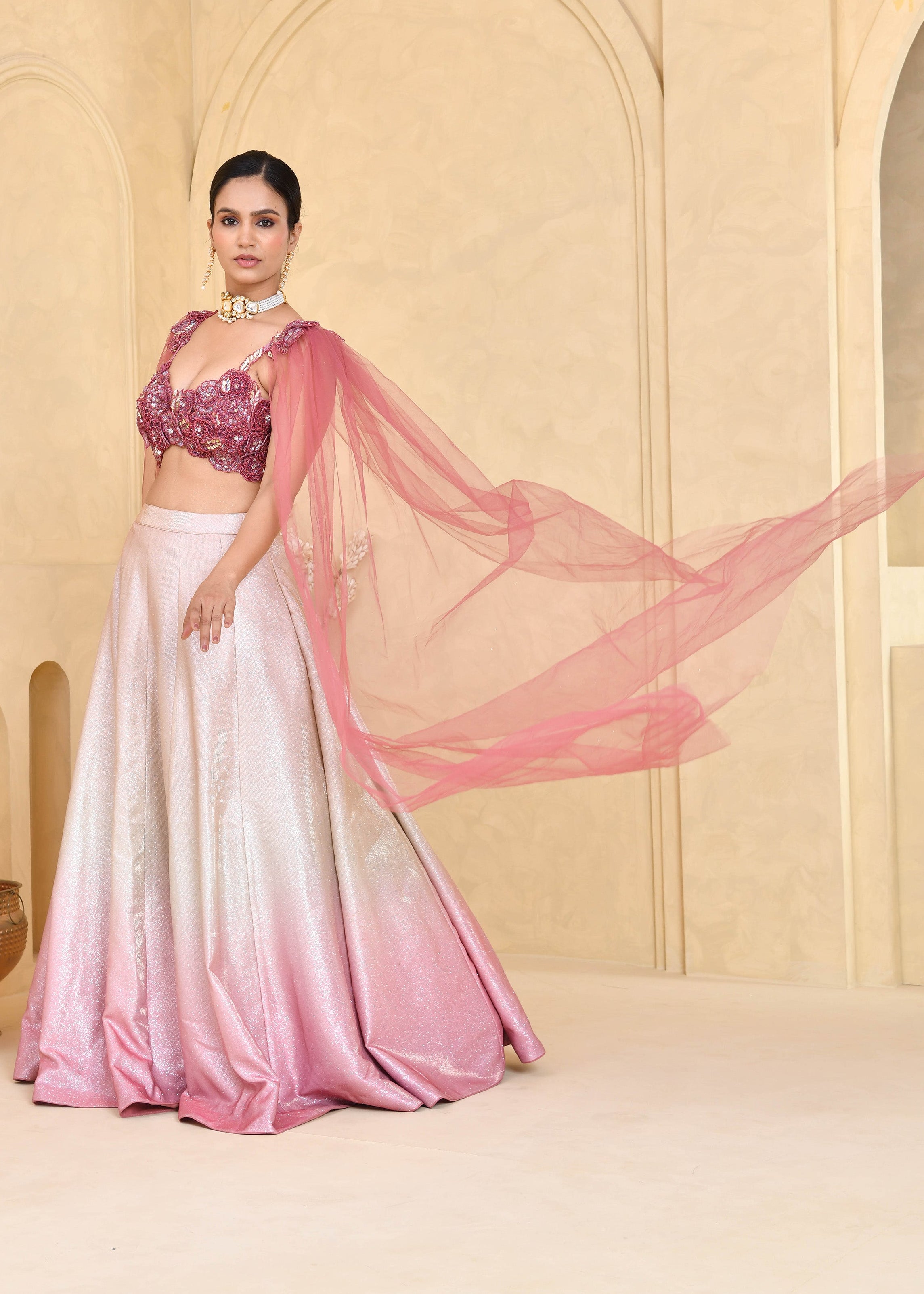 Tricolor Hand-Embroidered Shimmer Lycra Lehenga