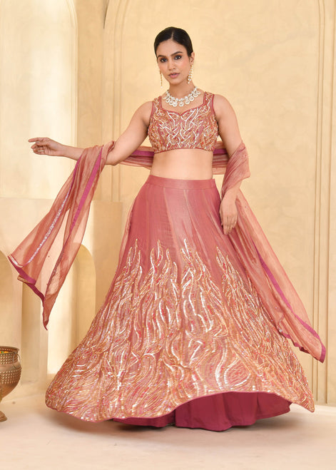 Rust Peach Hand-Embroidered Tissue Lehenga
