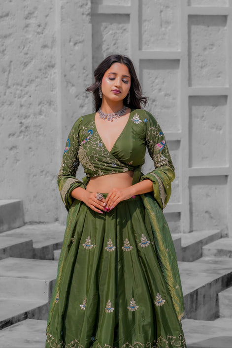 Olive Green Embroidered Silk Lehenga