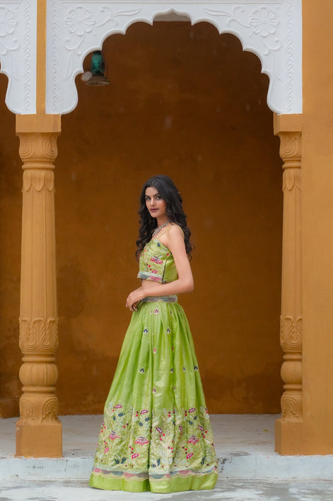 Apple Green Hand Embroidered Silk Lehenga