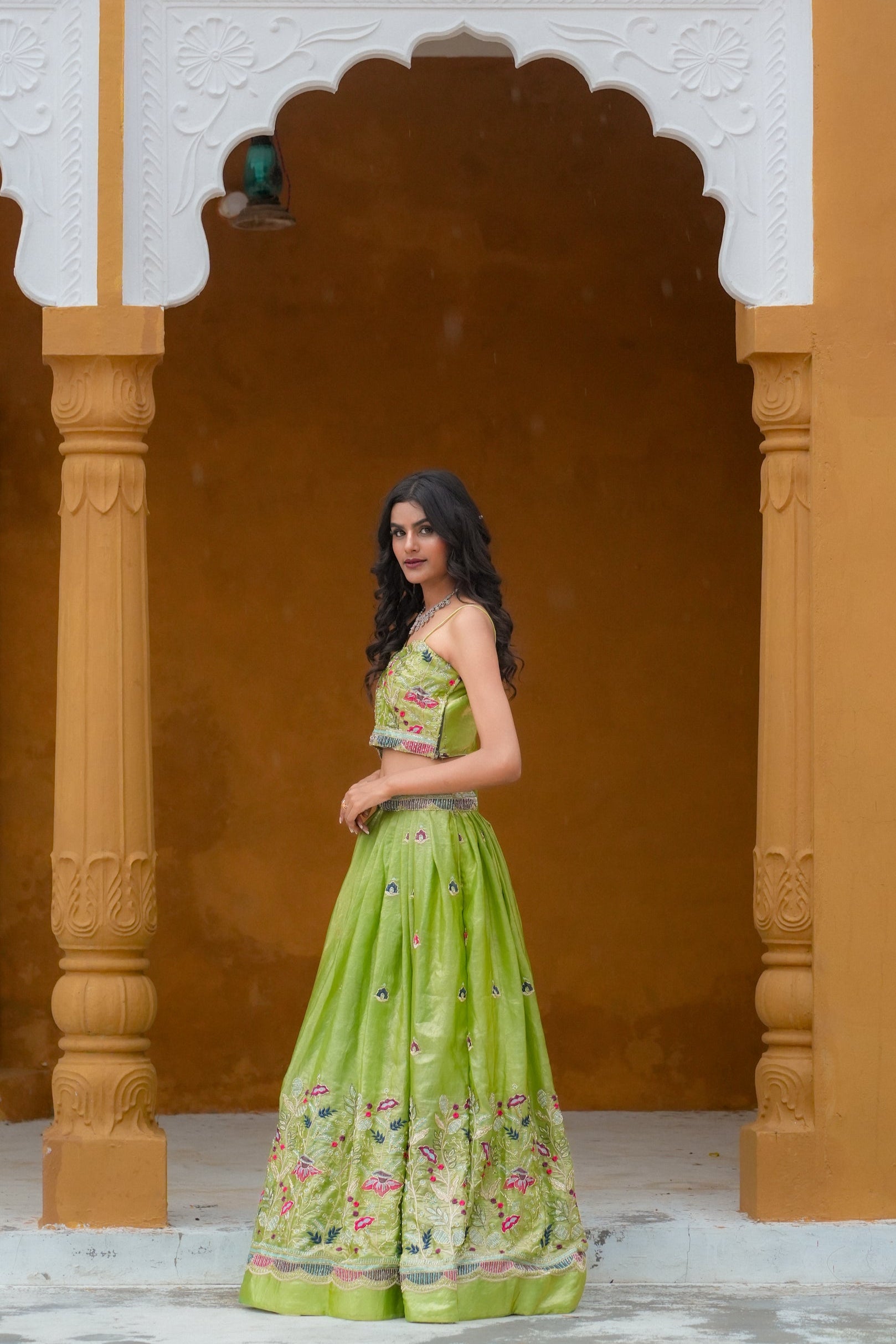 Apple Green Hand Embroidered Silk Lehenga