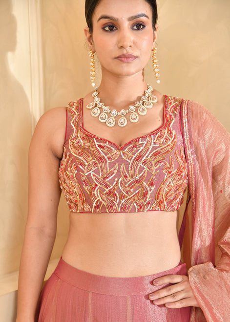 Rust Peach Hand-Embroidered Tissue Lehenga