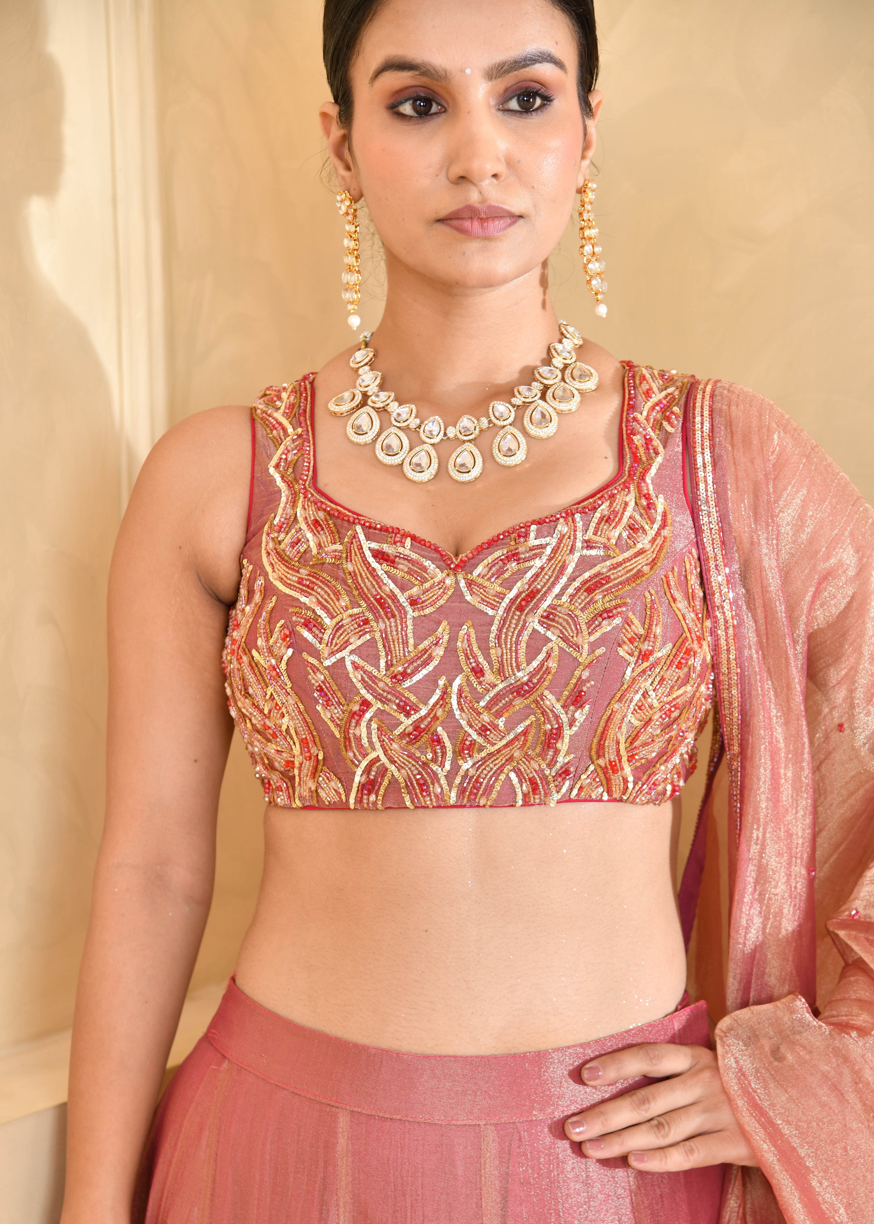 Rust Peach Hand-Embroidered Tissue Lehenga