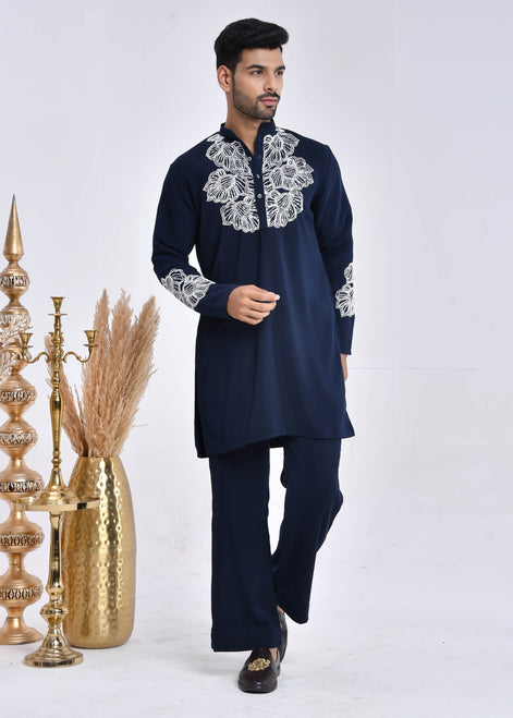 Navy Blue Hand-Embroidered Japanese Satin Kurta Set