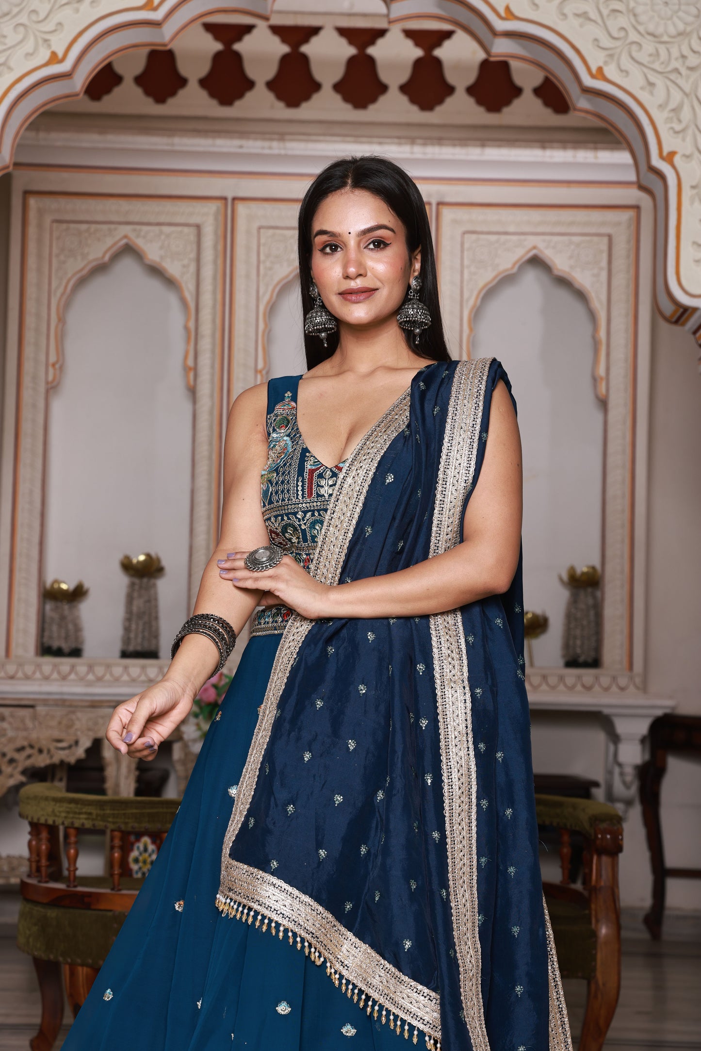 Navy Blue Embroidered Georgette Lehenga