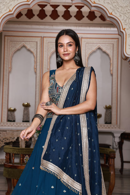 Navy Blue Embroidered Georgette Lehenga
