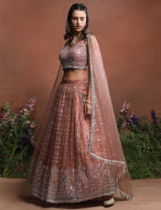 Sleeveless Peach Sparkle Embroidered Net Lehenga