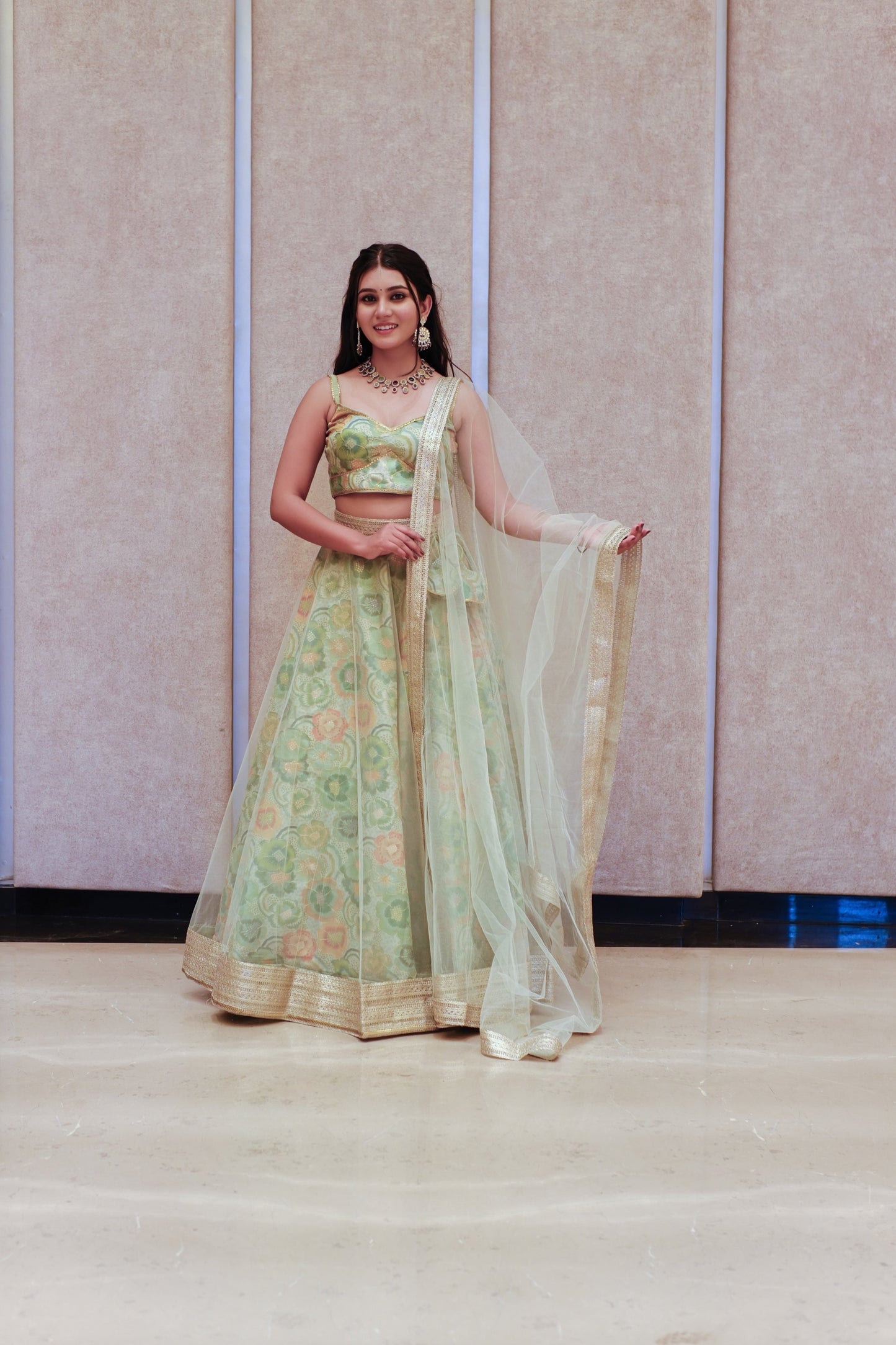 Mint Green Multicolor Floral Embroidered Net Lehenga