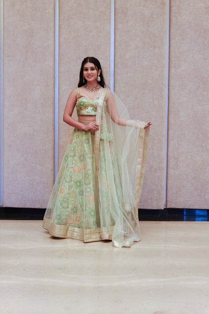 Mint Green Multicolor Floral Embroidered Net Lehenga