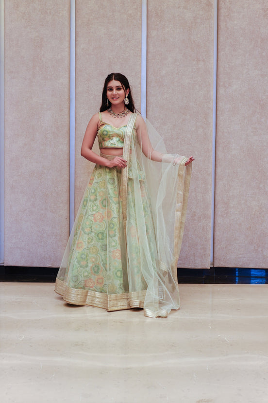Mint Green Multicolor Floral Embroidered Net Lehenga
