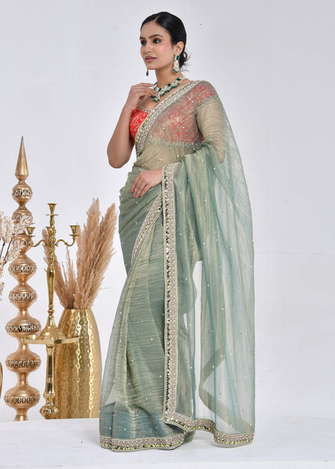 Sage Green Hand-Embroidered Tissue Saree