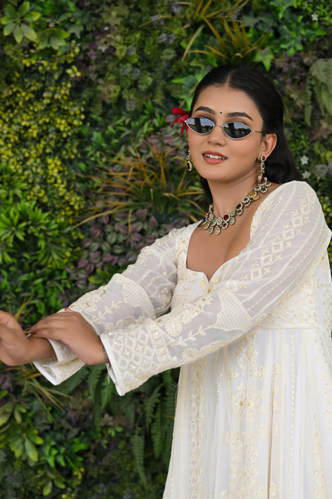 White and Beige Thread Embroidered Georgette Anarkali