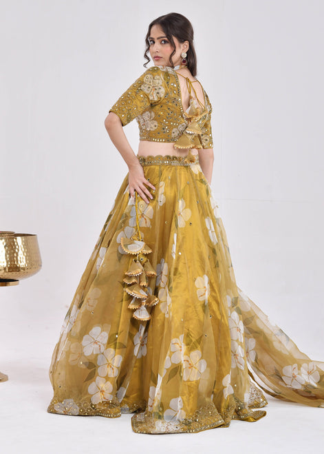 Mustard Gold Floral Hand-Embroidered Organza Lehenga