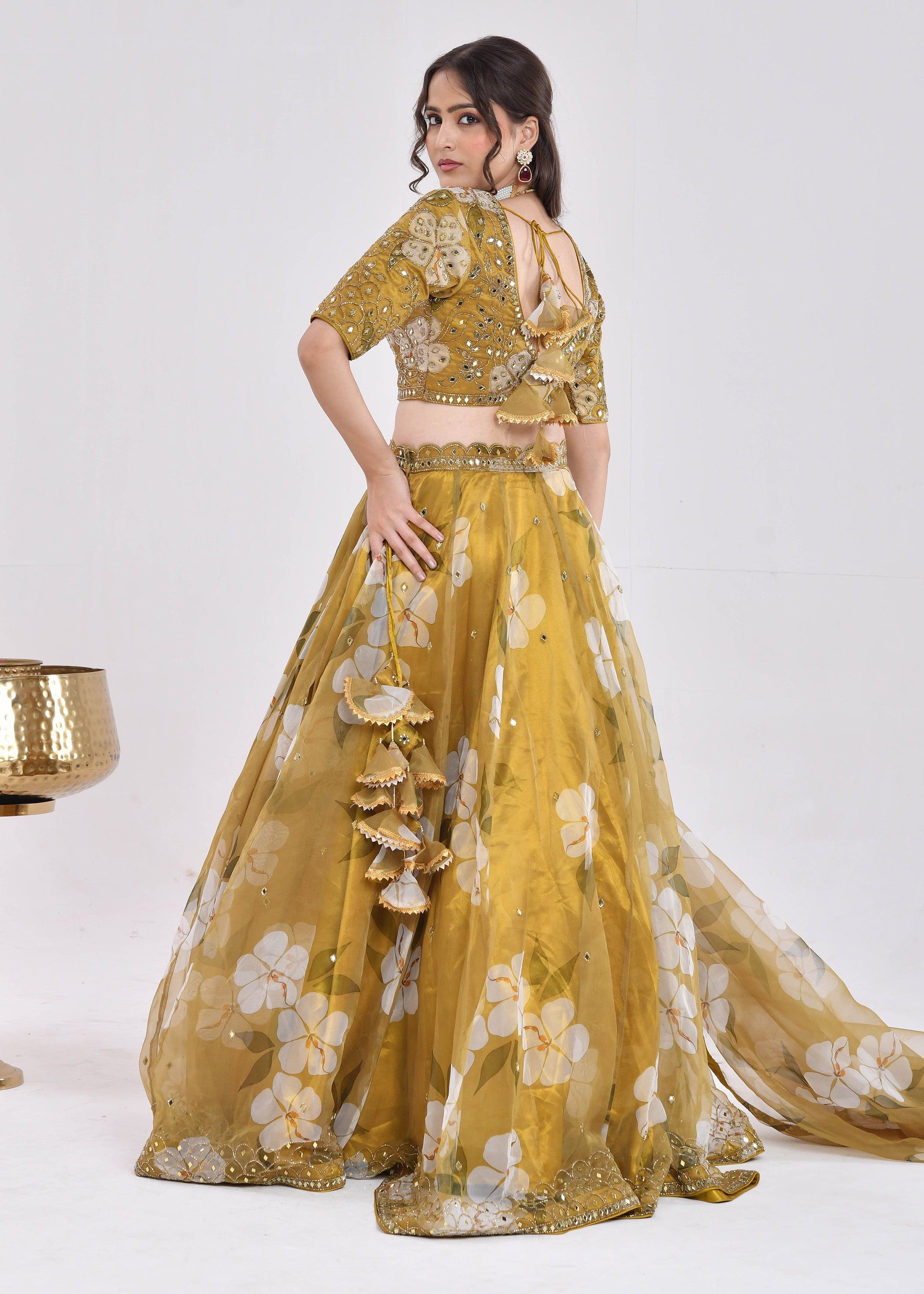 Mustard Gold Floral Hand-Embroidered Organza Lehenga