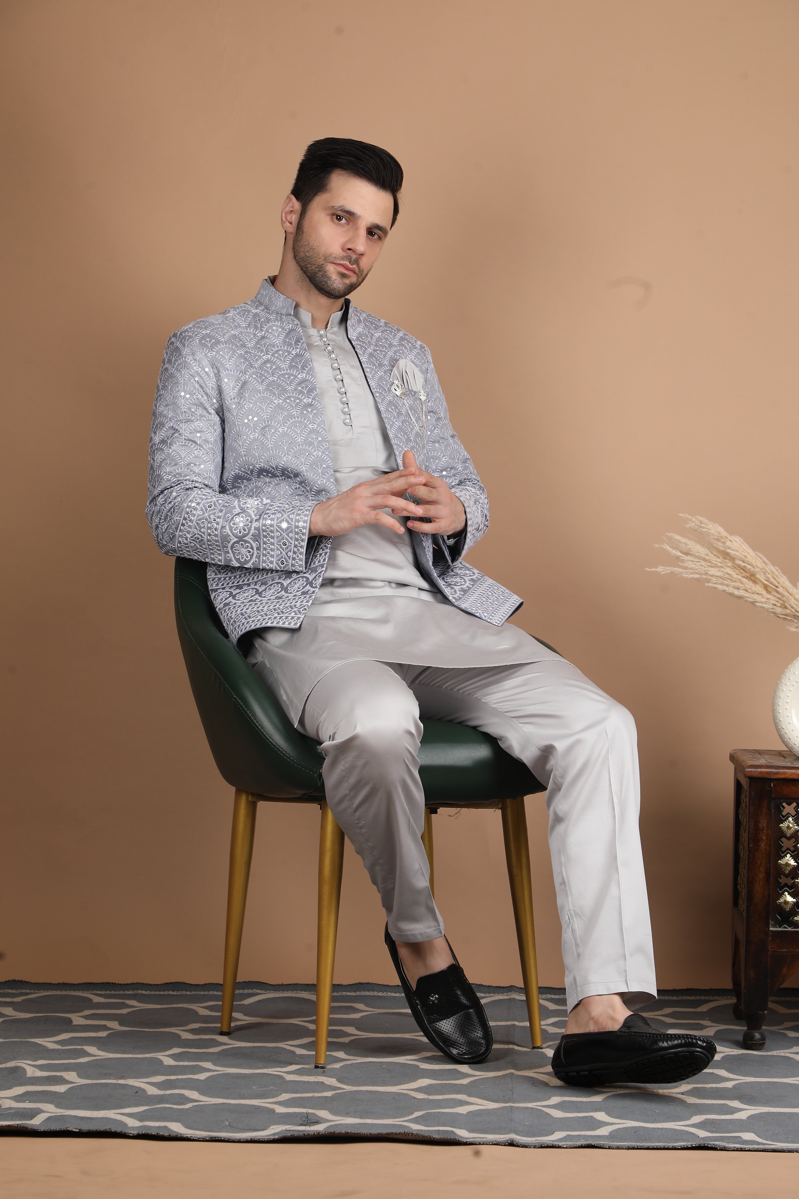 Grey Silk Nehru Jacket Set