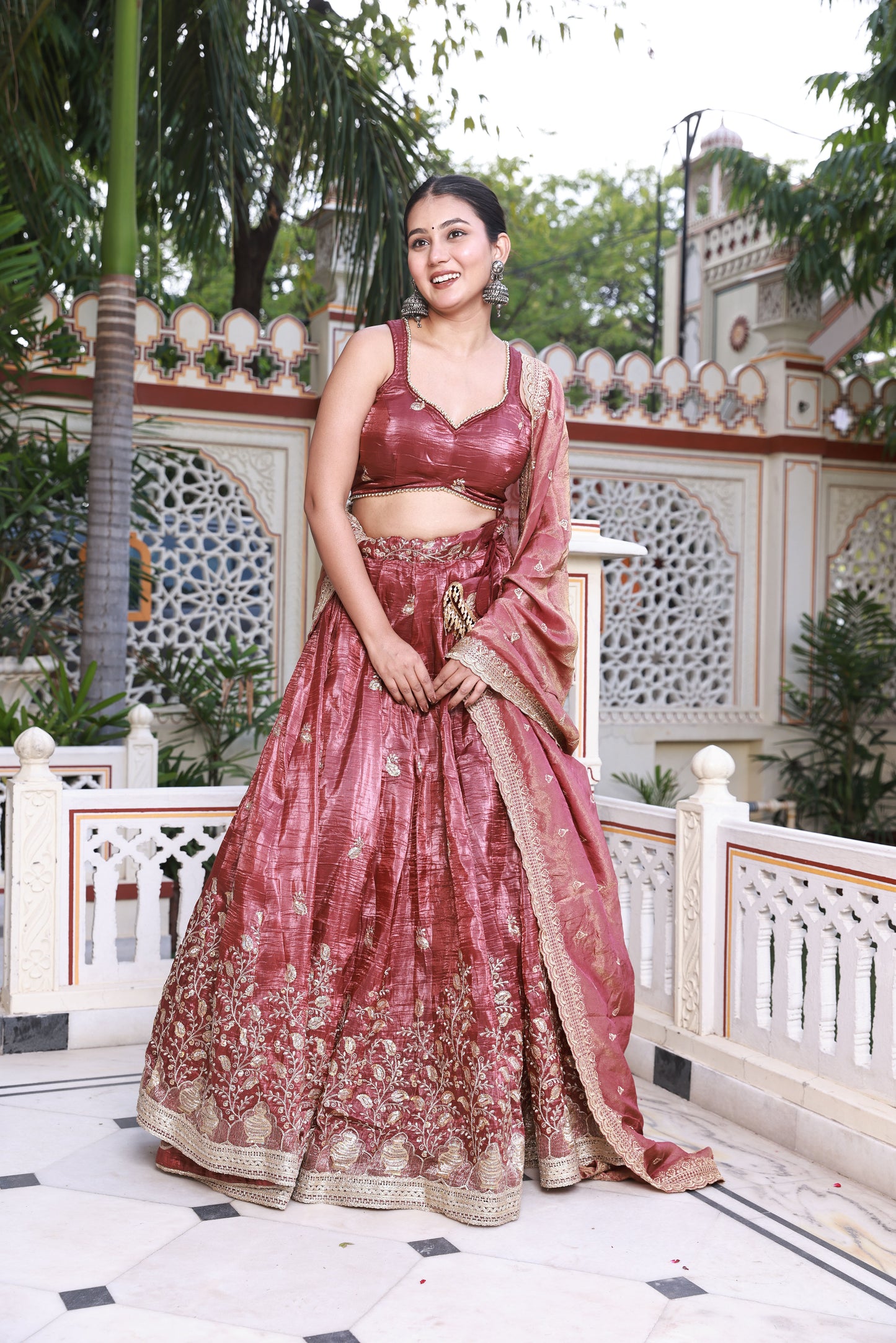 Wine Floral Embroidered Raw Silk Lehenga