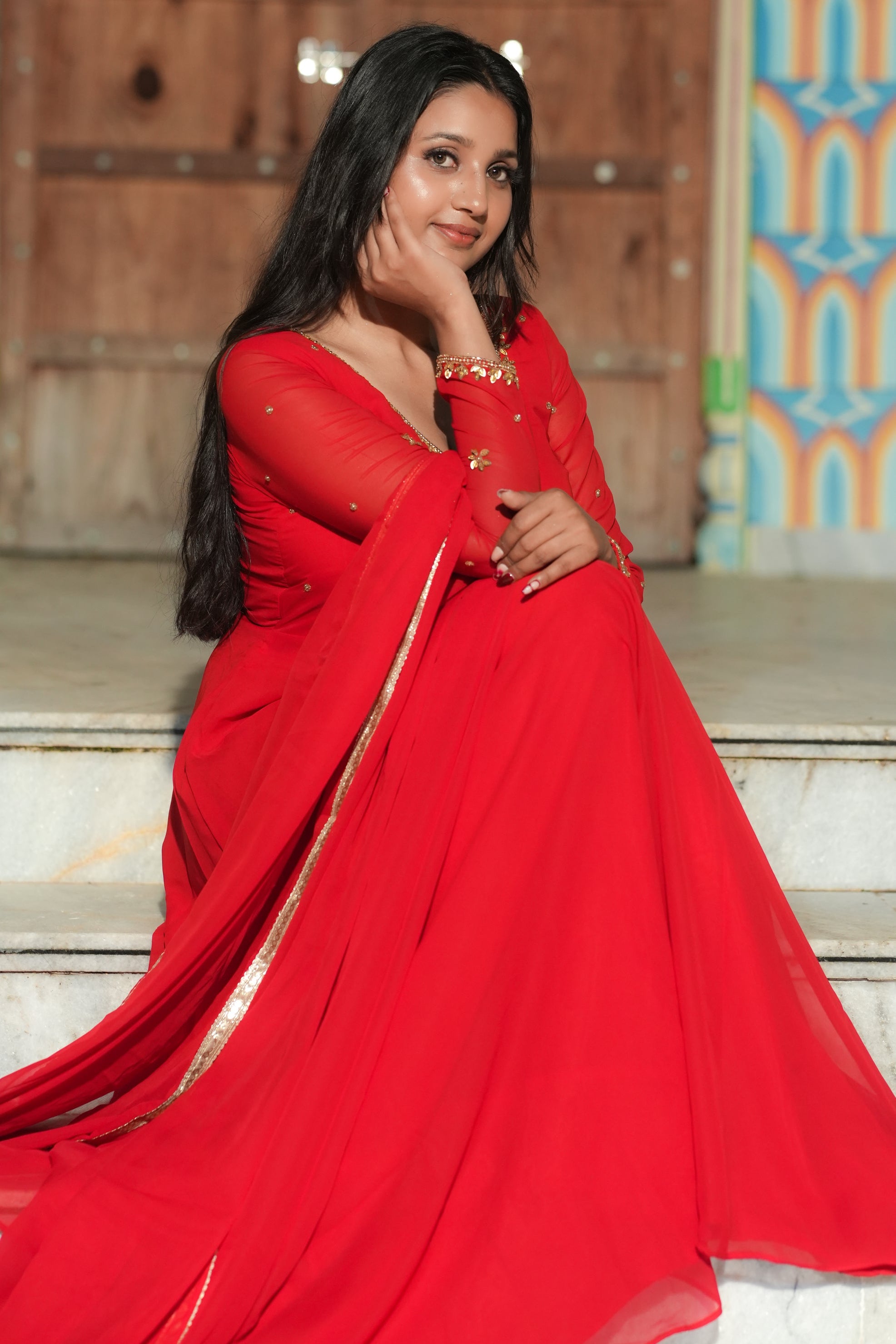 Red Handwork georgette Anarkali